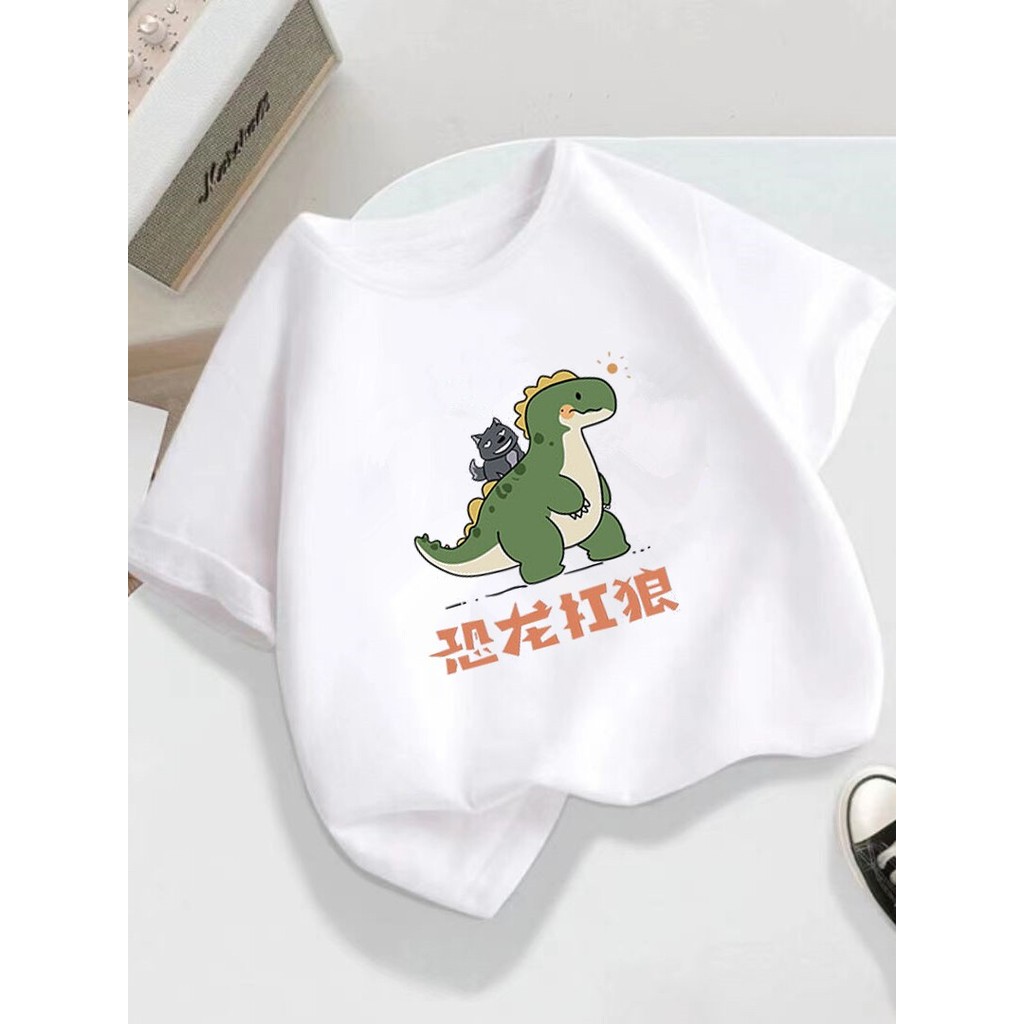 Dinossauro carregando lobo camiseta meninos meninas manga curta puro algodão verão crianças roupas crianças bebê dos des