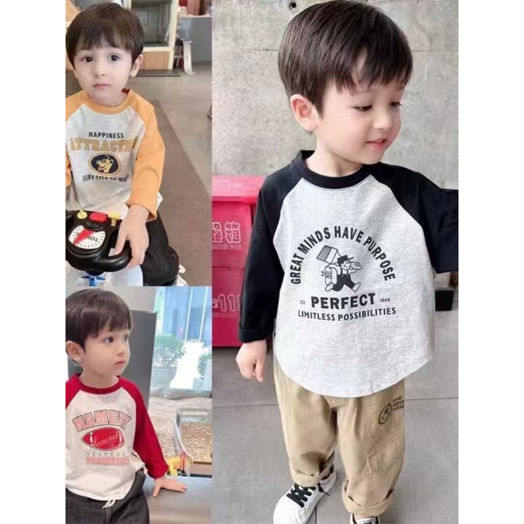 100% algodão primavera outono crianças camiseta de manga comprida médio pequeno crianças Raglan ombro exterior topo meni