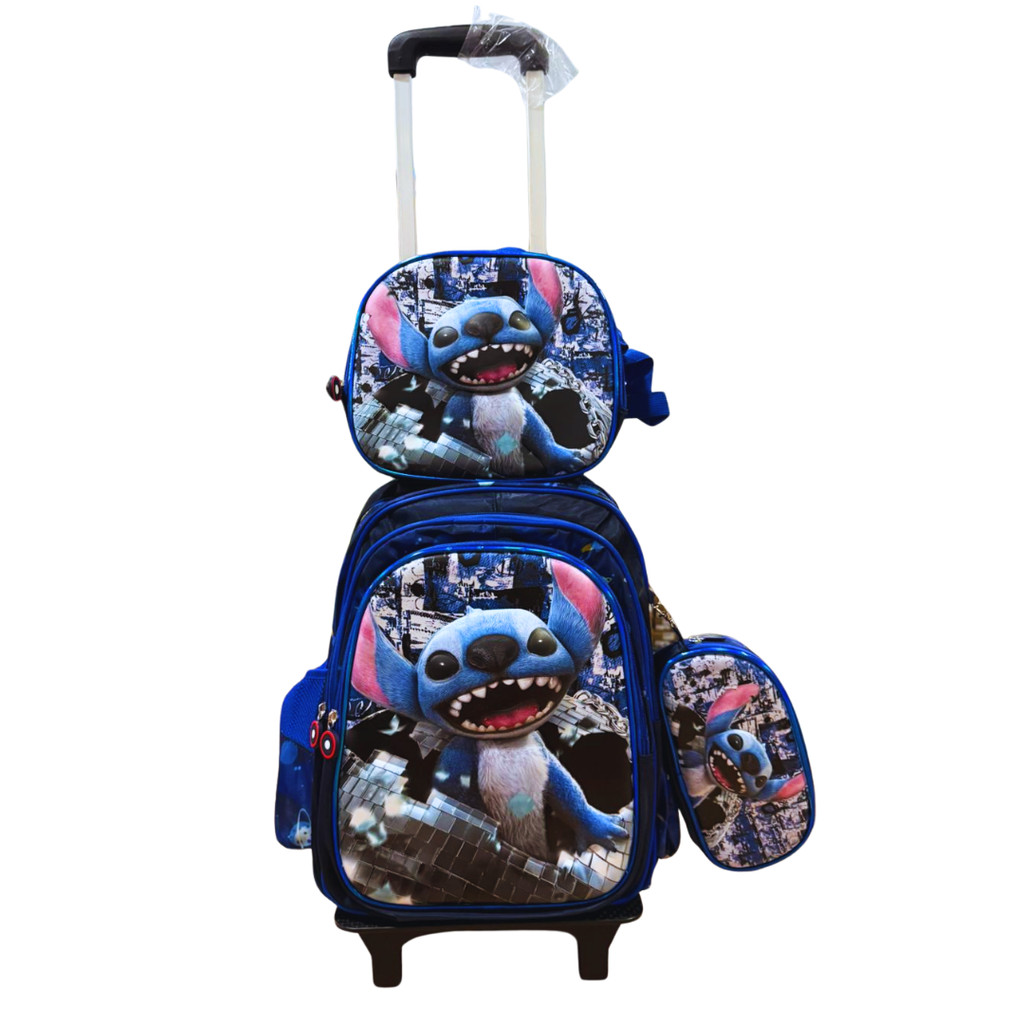 Kit mochila de Carrinho Lilo Stitch Azul Lancheira Estojo