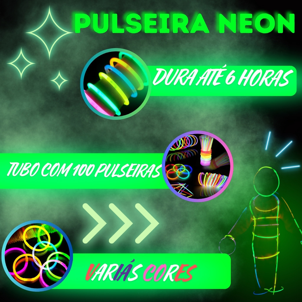 Kit Pulseira Neon Fluorescente 25/50/100/200 Unidades Festa Alto Brilho Carnaval Casamento