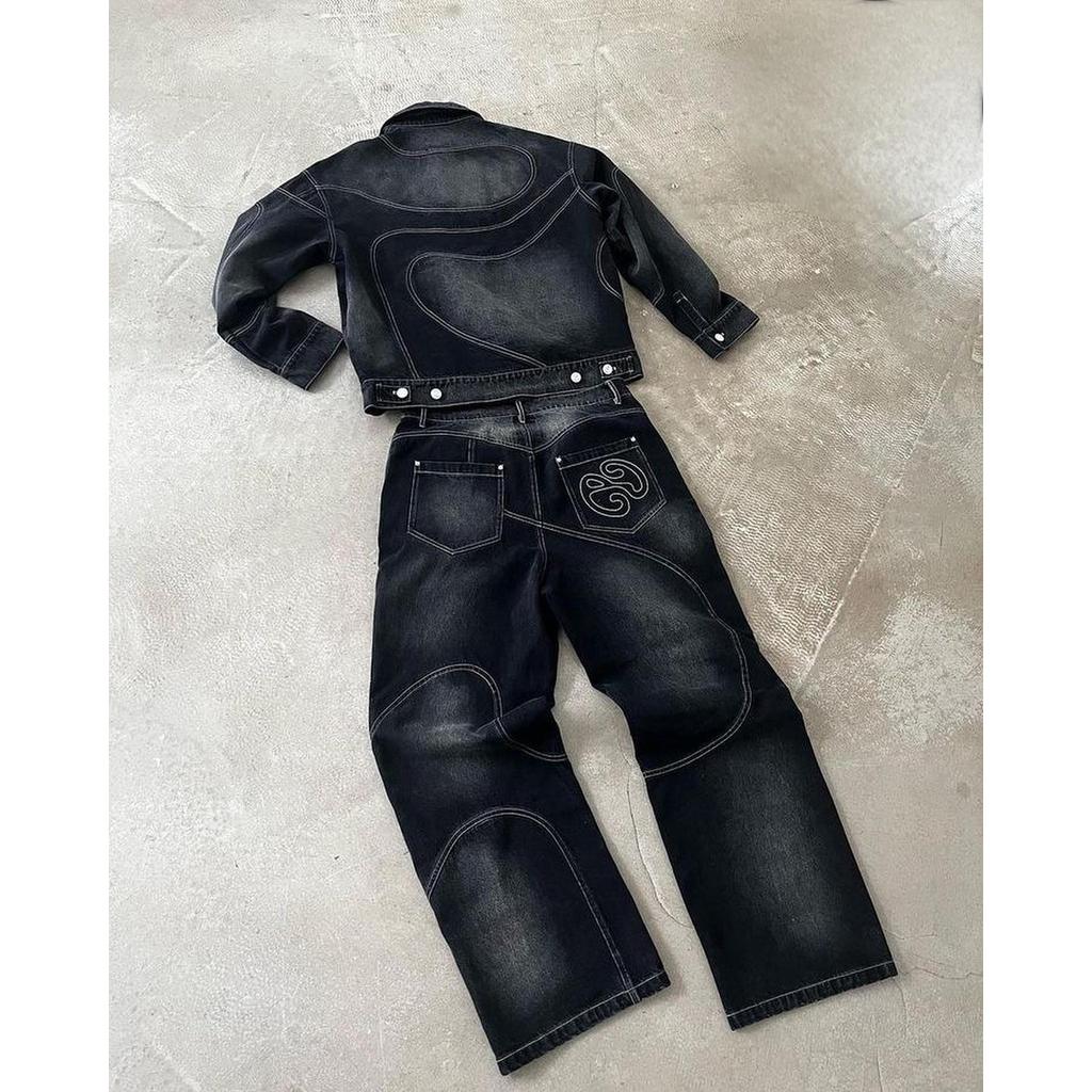 Streetwear Americano Lavado Vintage Jeans Jaqueta Duas Peças Y2K Masculino Hip Hop Carta Retalhos Calças Largas Casacos