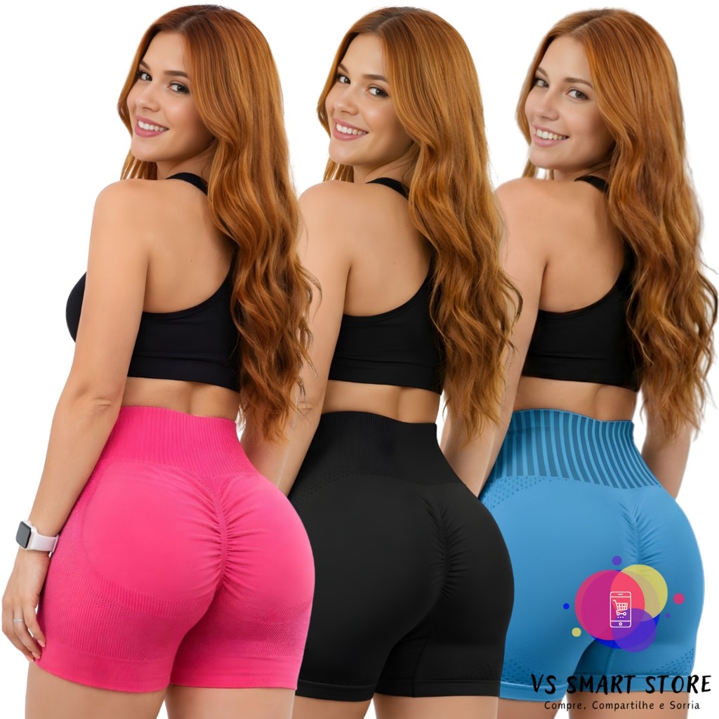 kit 03 Shorts Fitness Feminino Cintura Alta Academia Yoga para treino Levanta Bumbum Sem Costura em Oferta na Shopee
