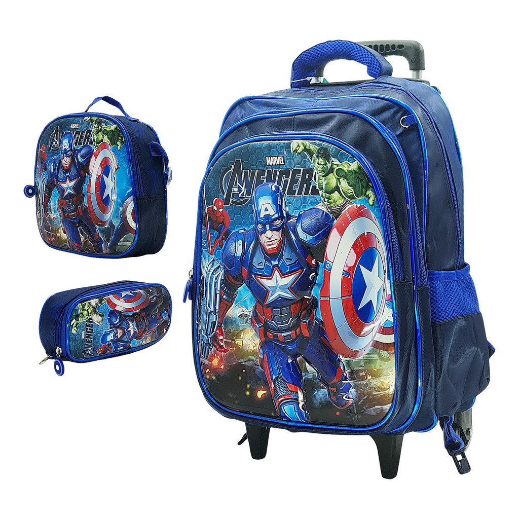 Kit Mochila Rodinhas Estojo Lancheira Escolar Vingadores