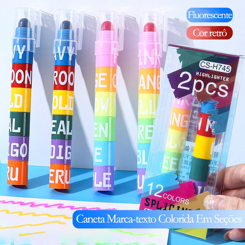2Kit 6 Cores Marca-texto Caneta Conectável Seções Carimbo Roller Colorido Papelaria/Papelaria Fofa