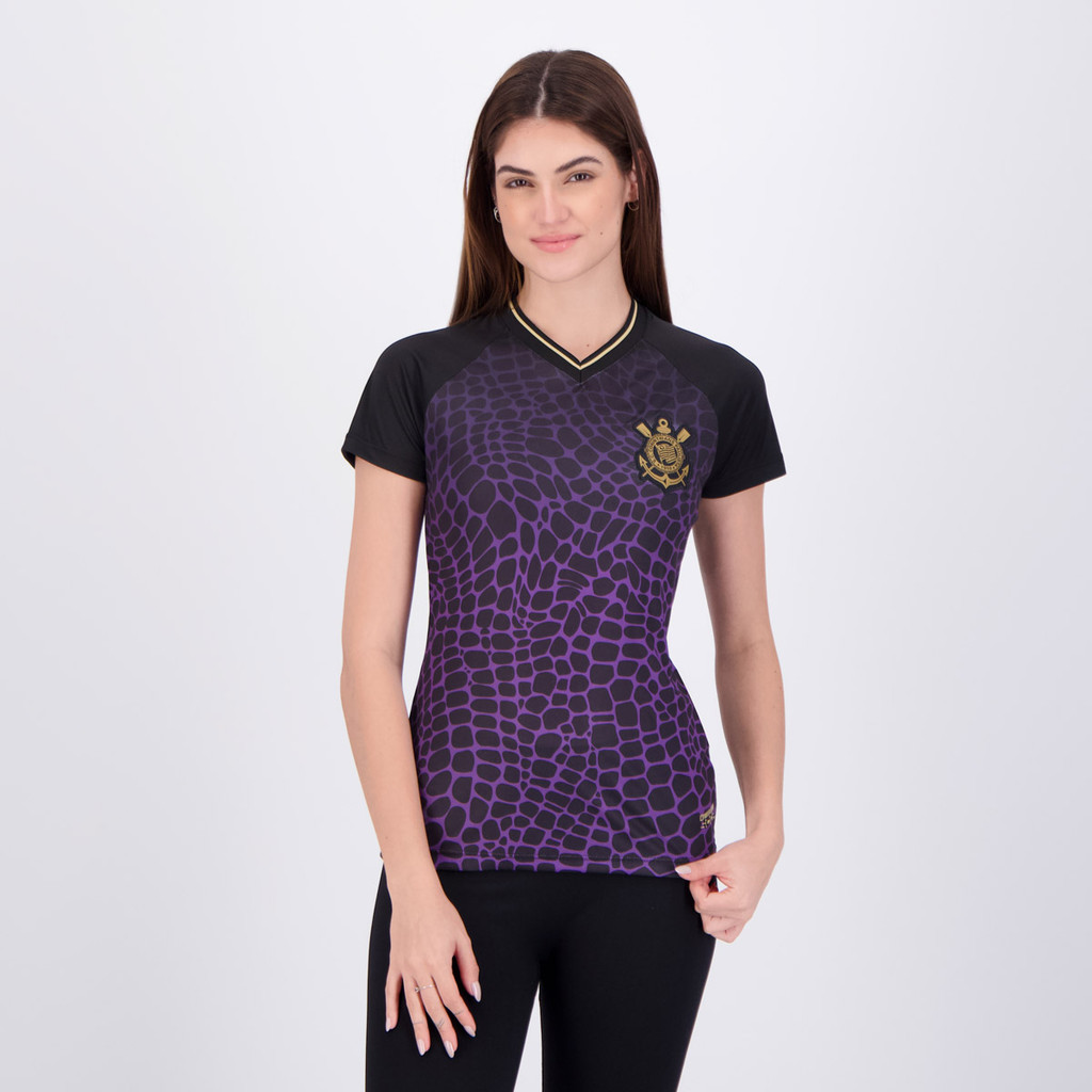Camisa Corinthians Raglan Dry Feminina Preta e Roxa em Oferta na Shopee
