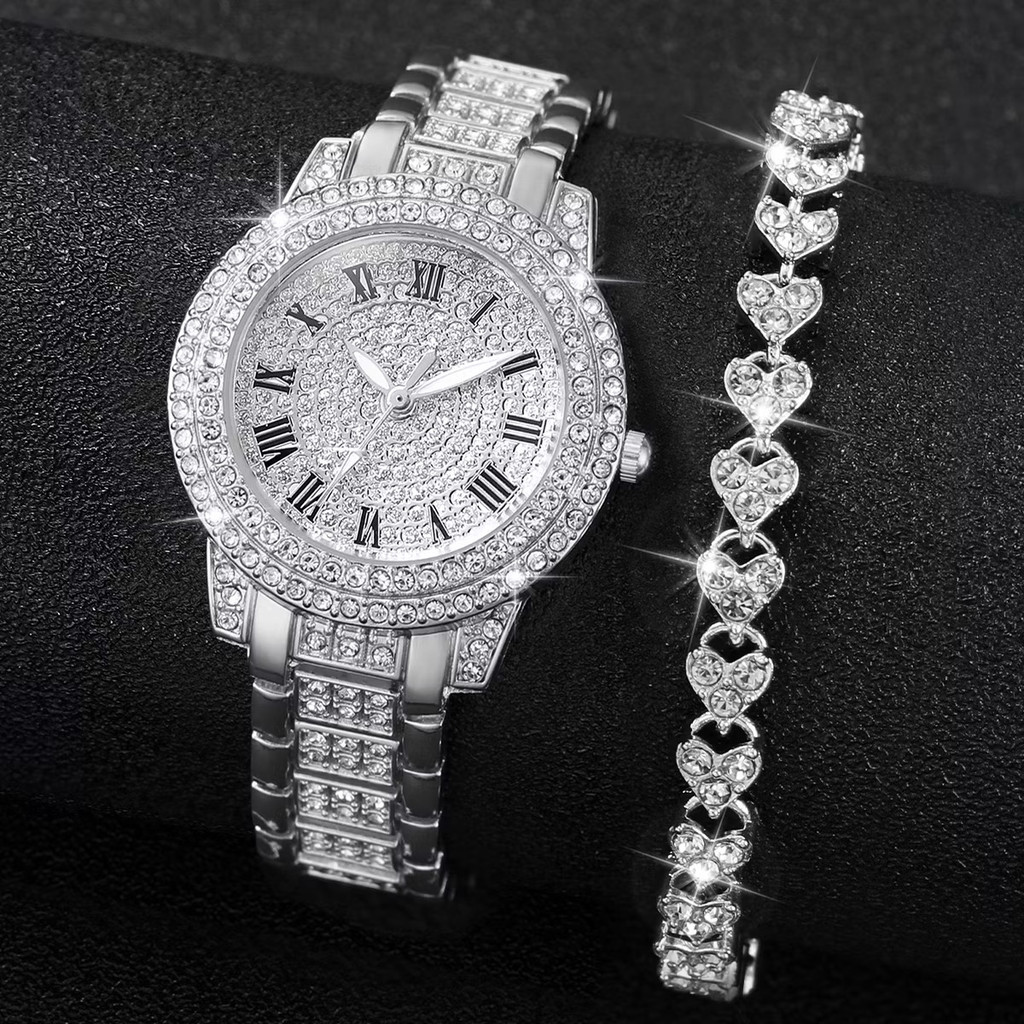 Conjunto Relógio Feminino Luxuoso + Pulseira de Coração,Strass Totalmente Brilhante em Oferta na Shopee