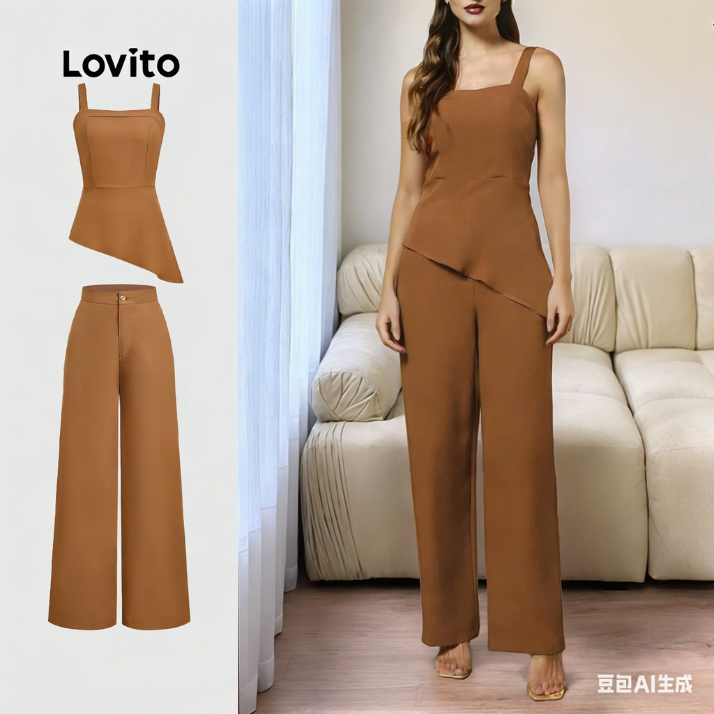 Lovito  Elegantes Tops ou Bottoms com Zíper Ombro Frio Primavera/verão Calça Khaki para Mulheres LBL32188 em Oferta na Shopee