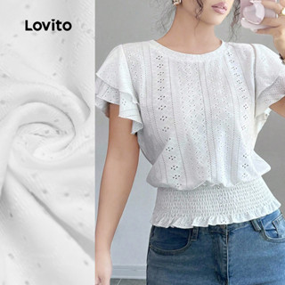 Lovito  Blusa Casual Babado Franzido Cortado Outono/verão Blusa Branca para Mulheres L172LD281 em Oferta na Shopee