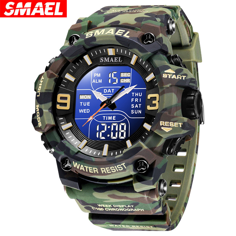 Smael smael novo relógio eletrônico à prova dwaterproof água ao ar livre camuflagem esportes luminoso tático relógio mil