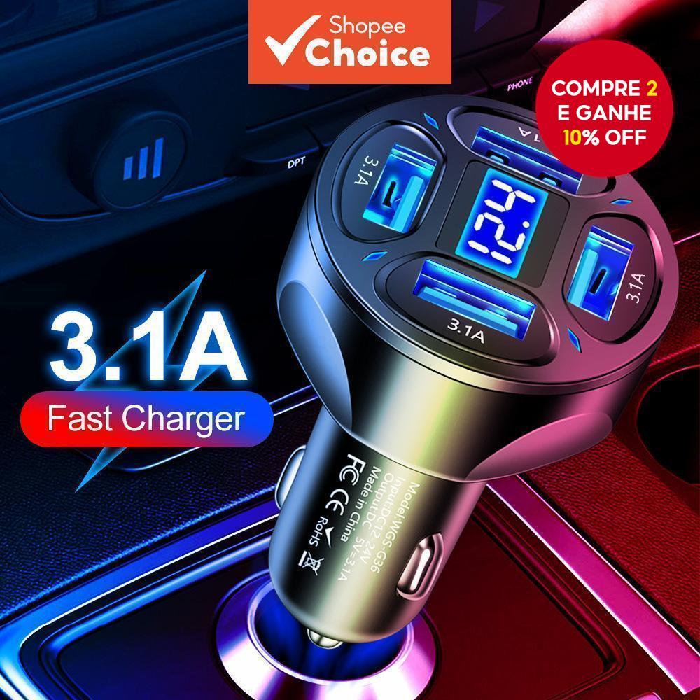  Carregador de carro 3.1A de carregamento rápido com display digital, 4 em 1 com voltagem, carregador de carro de 4