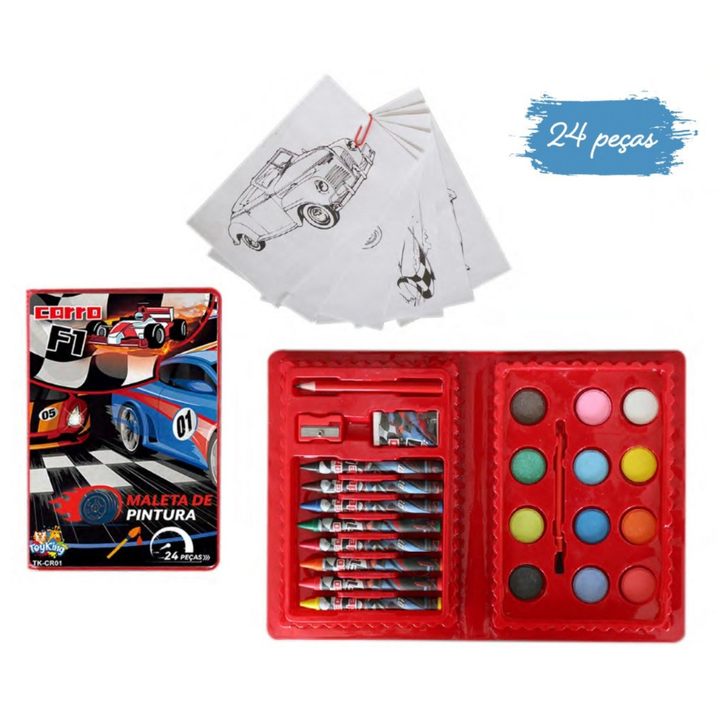 Maleta de Pintura Estojo Escolar Infantil de Carros Fórmula Um 24 peças + Desenhos Inclusos Carro F1