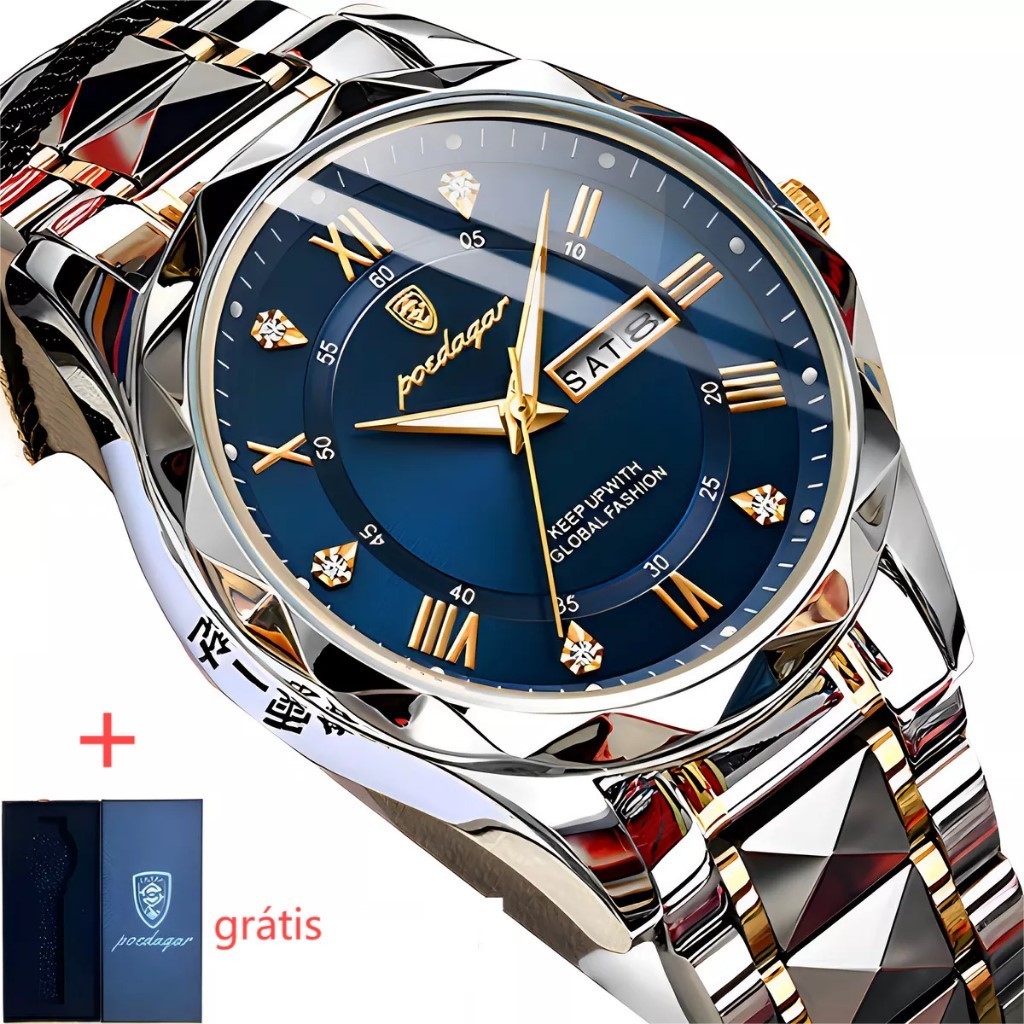 Poedagar Relógio Luxuoso À Prova D'água Com Luz Noturna E Data , Masculino De Quartzo Em Aço Inoxidável em Oferta na Shopee