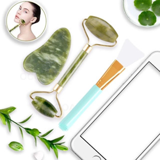 Kit 3 em 1 de Beleza-Rolo de Jade+Pedra Gua Sha+Espátula de Silicone Para Aplicar Máscaras e Cremes em Oferta na Shopee