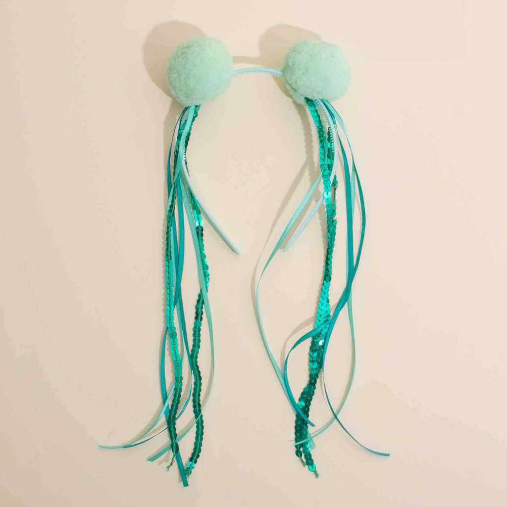 Tiara De Carnaval Pompom Verde Com Fitas E Lantejoulas  -
