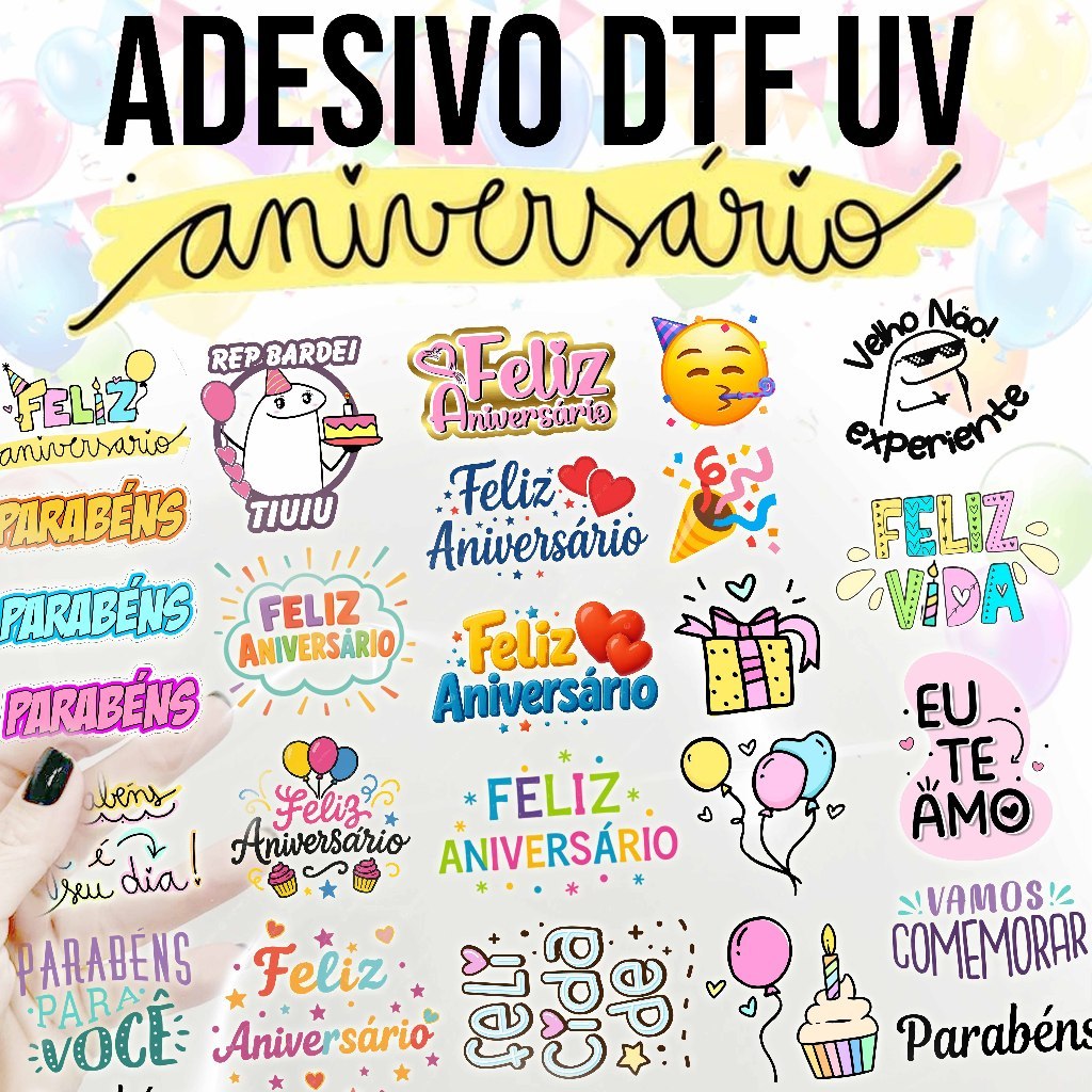 Adesivos DTF UV, imagens de FELIZ ANIVERSÁRIO. PARABÉNS. em Oferta na Shopee