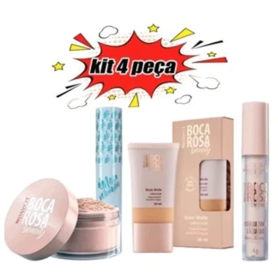 Conjunto de 4 peças BOCA ROSA Base líquida + Pó mármore + Rímel e corretivo — imagem 1