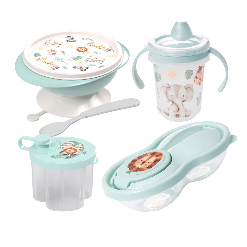 Kit Alimentação Bebê Safari 4pçs Tigela Ventosa Pote Papinha Caneca E Dosador Leite