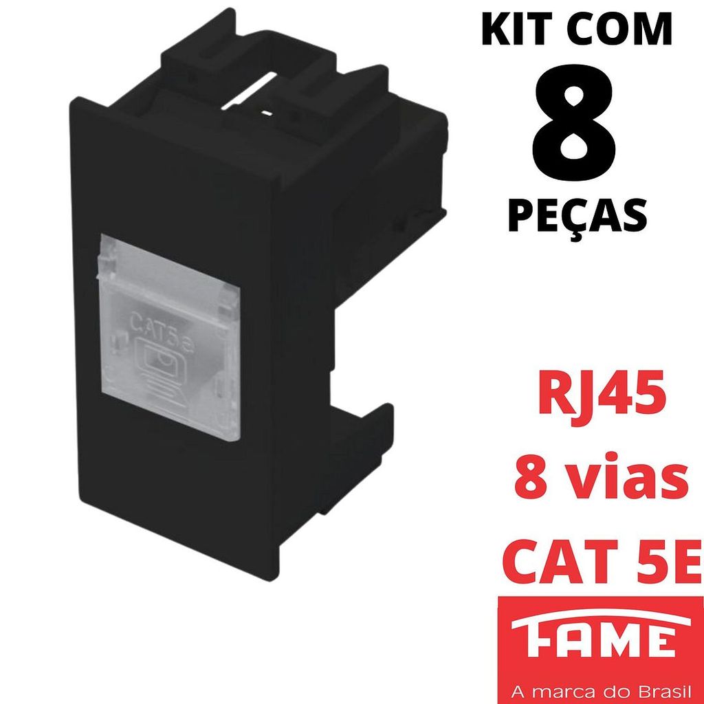 8un Módulo Tomada Rede de Informatica RJ45 CAT 5E 8 Vias Habitat Black Preto FAME