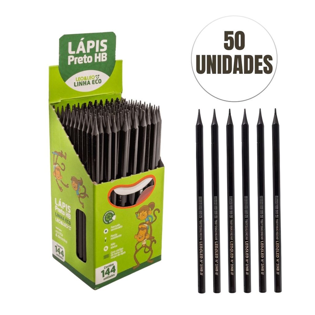 Caixa de Lapis Preto De Escrever HB 50 Unidades Escritorio Escolar Kit Leo&leo