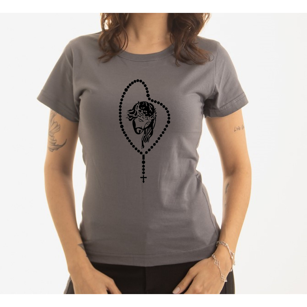 Camiseta Feminina T Shirt Estampa Cristã Terço De Jesus 100% Algodão Gola Redonda Super Confortavel