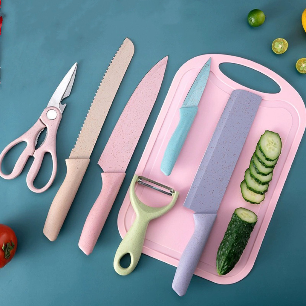 Imagem Jogo kit 7 peças facas Tabua Descascador Tesoura Profissional Cozinha Gourmet Faca de Churrasco