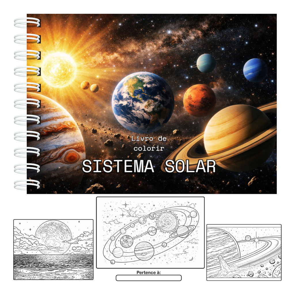 Livro De Colorir Educativo Sistema Solar Planetas Capa Dura 50 Páginas 180g A5 Laminação