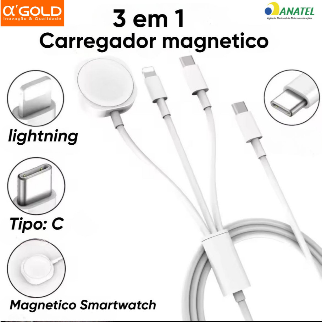 Cabo Carregador Magnetico USB 3 em 1 Para Smartphone Apple Watch Smart Watch AirPods Tipo C Lightning