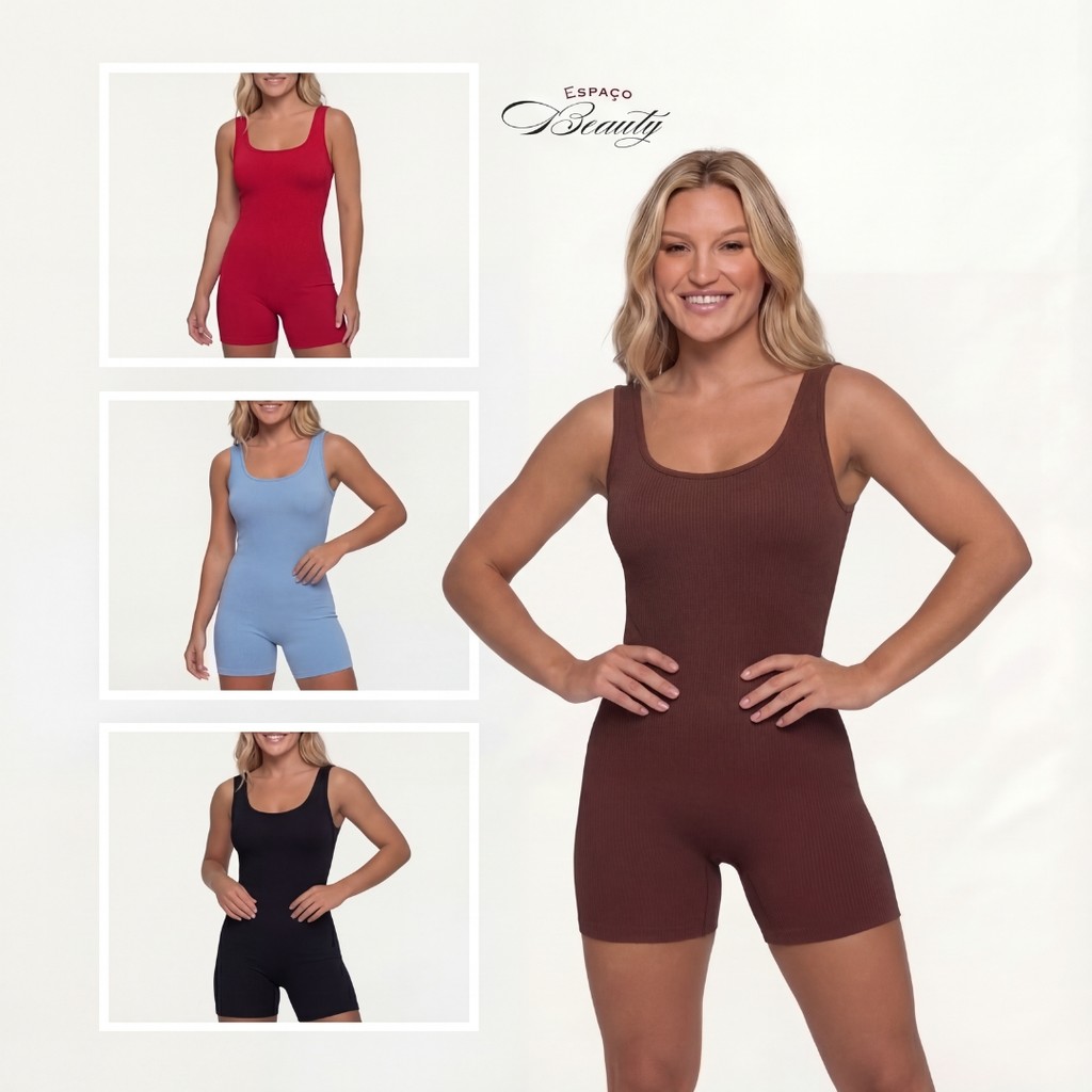 Macaquinhos Fitness Canelado Academia Ribana Macacão Curto Treino Yoga