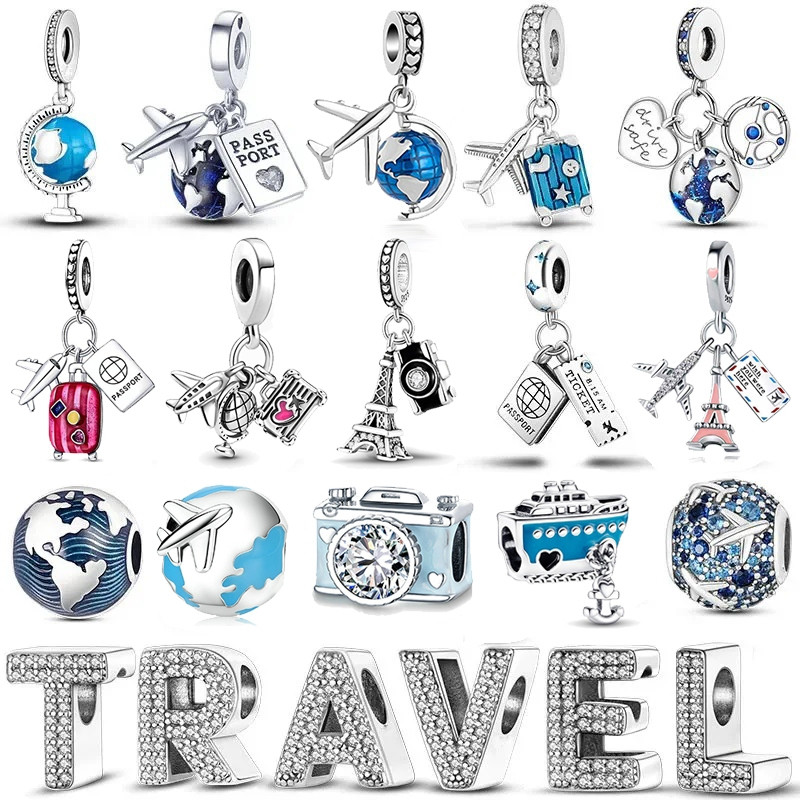 925 Prata Berloque Encantos Viagem Avião Terra Charme Pingente Se Encaixa Pulseira Original DIY Jóias Finos