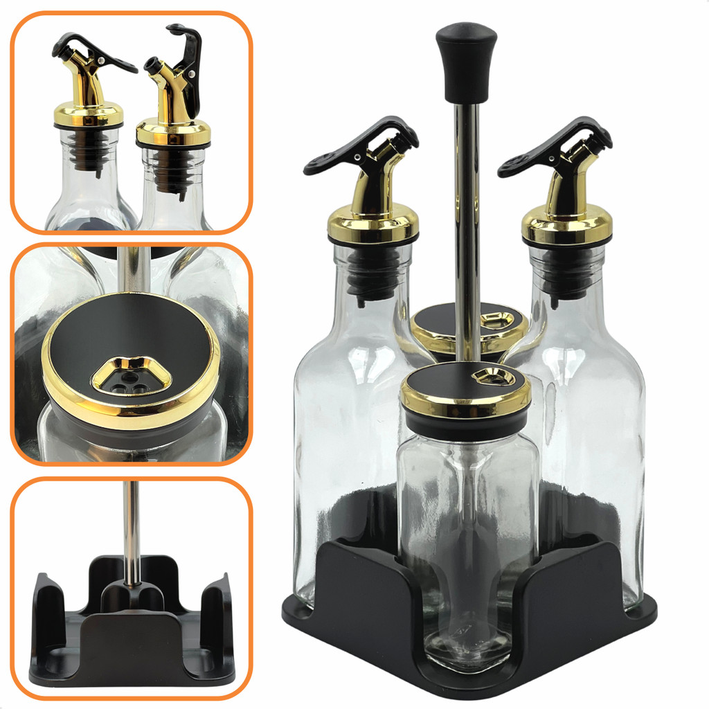 Conjunto Galheteiro De Mesa Porta Azeite Saleiro Vinagre Paliteiro Grande 4 Peças - Preto