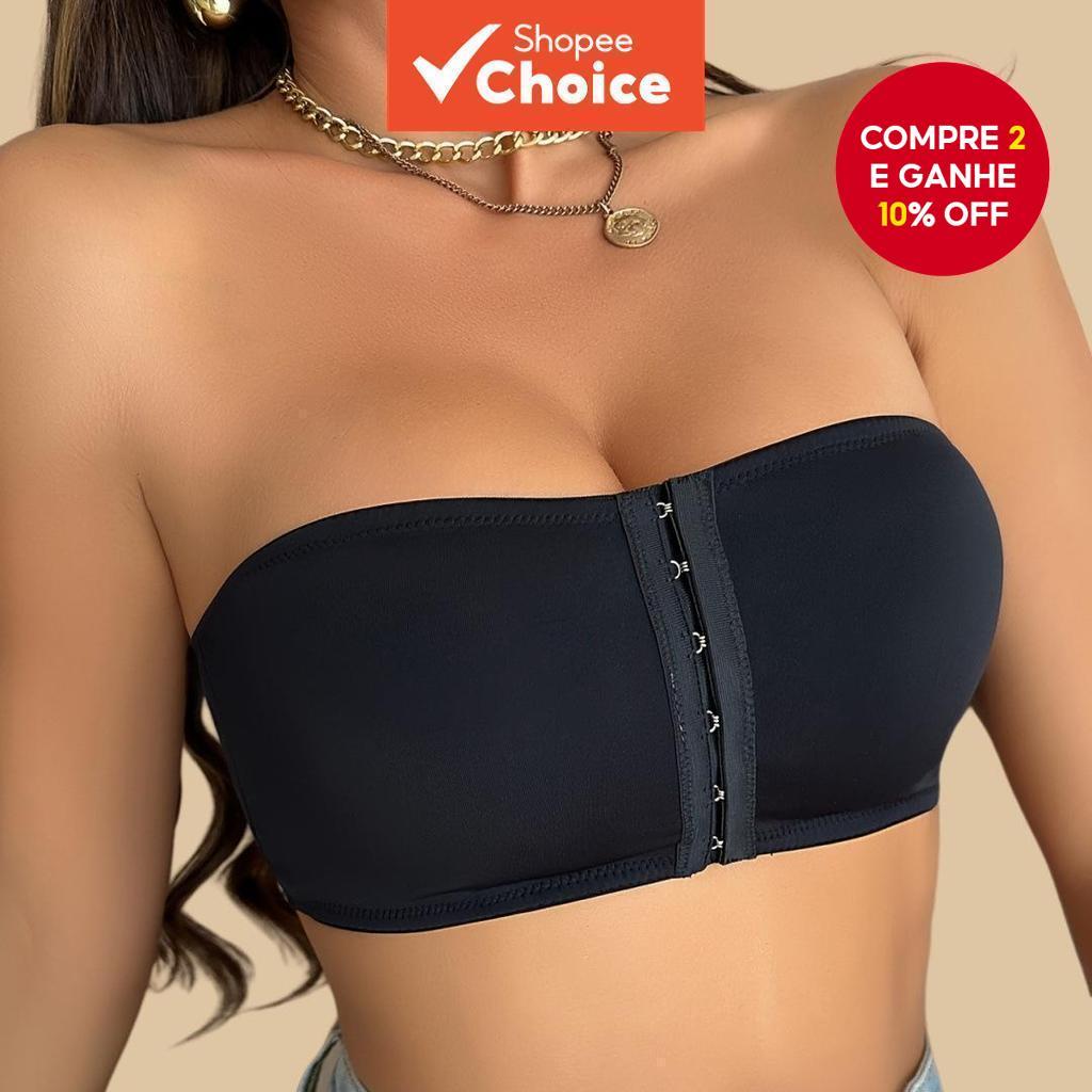 Sutiã Feminino Sem Alças Em Preto/Bege – Design De Abertura Frontal De Três Camadas Com Top Tubo De Suporte Reforçado