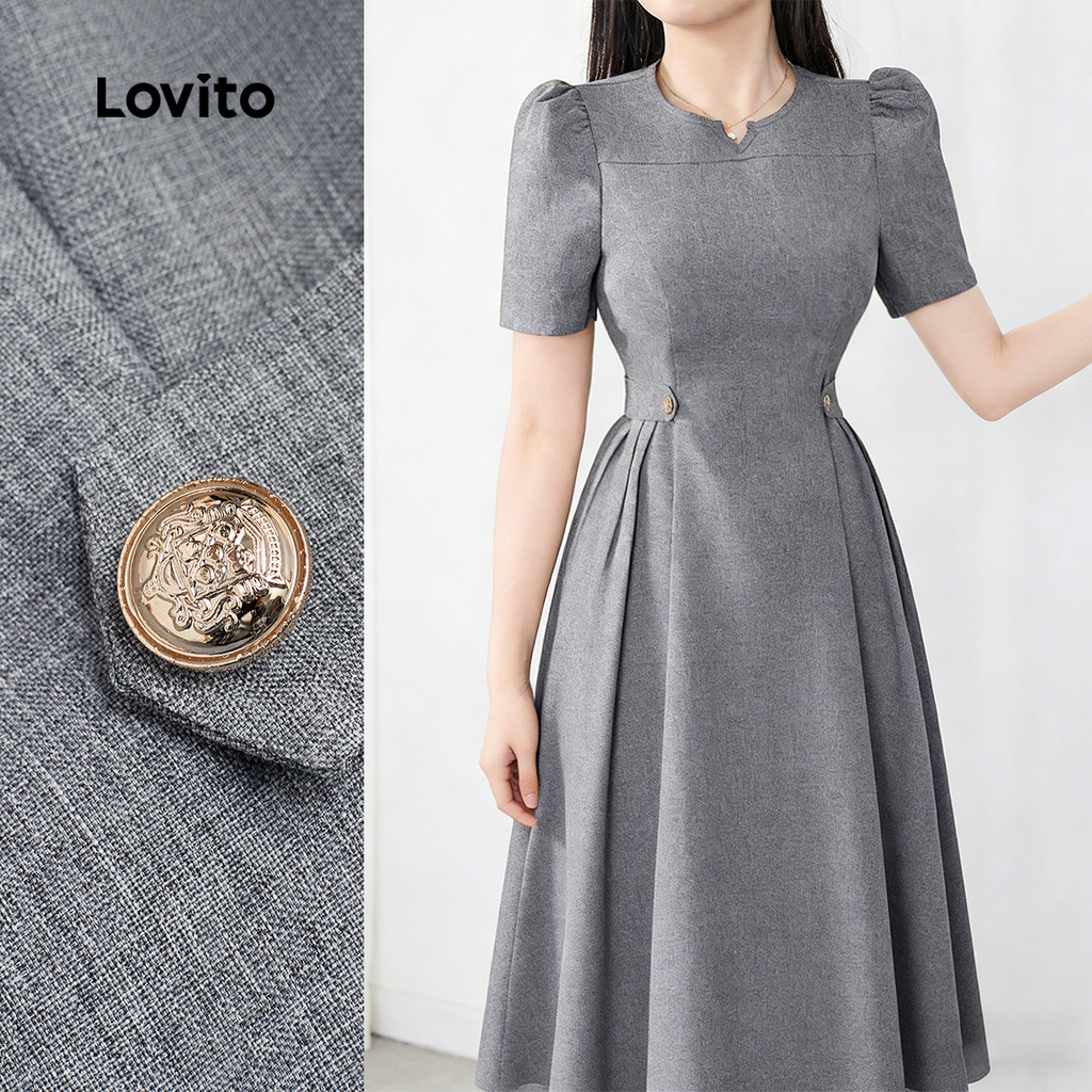 (NEW) Lovito Vestido Elegante Pregas Fivela de Metal Corte Outono/verão Cinza Vestido para Mulheres L177ED396