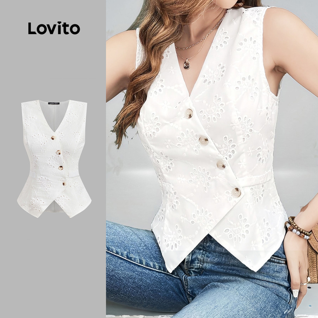 Lovito Blusa Casual com Aberturas em Ilhós  Bordado e Botões  Primavera/verão  Branca  para Mulheres L143AD1885 em Oferta na Shopee
