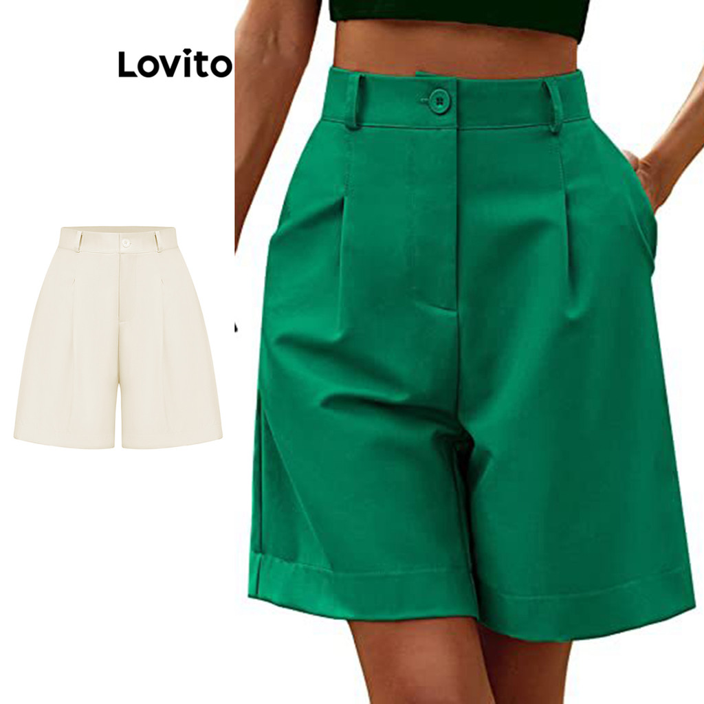 Lovito Shorts Casuais Com Bolso Liso E Plissado De Verão Para Mulheres LNL43146 em Oferta na Shopee