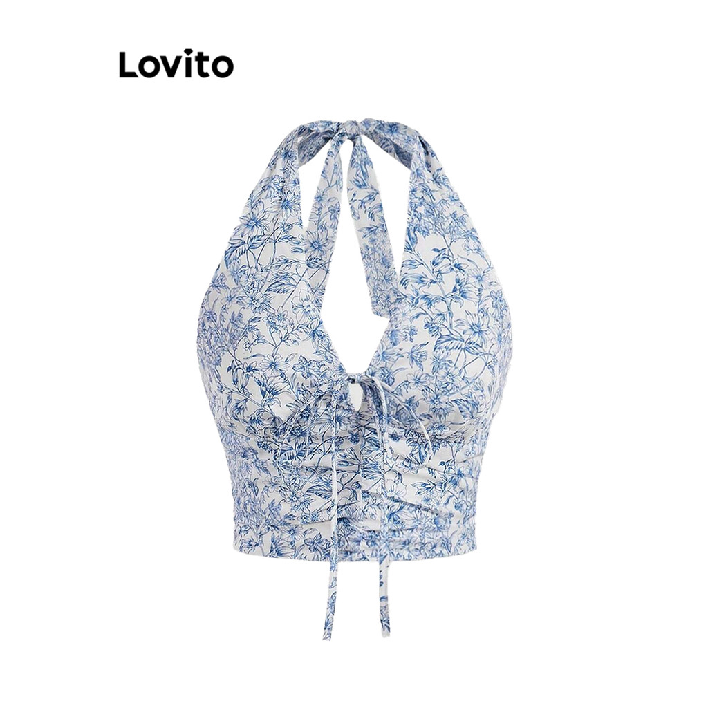 Lovito Regata Casual Floral Com Cadarço Para Mulheres L101AD215 em Oferta na Shopee