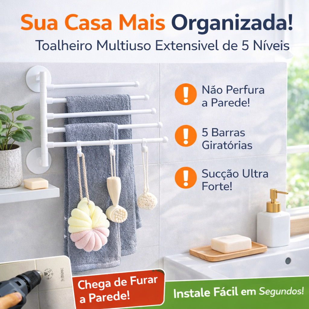 Porta Toalhas para Banheiro com Ganchos | Sem Furo, Fixação por Adesivo | Organizador Multiuso