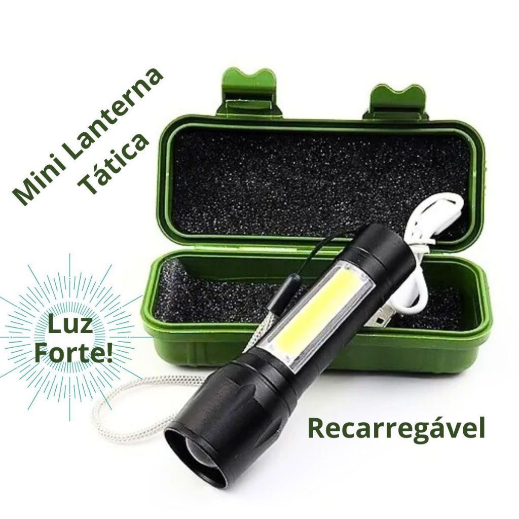Mini Lanterna Tática Led 3 Modos com Luminária na Lateral Zoom Luz Forte/ Recarregável Usb
