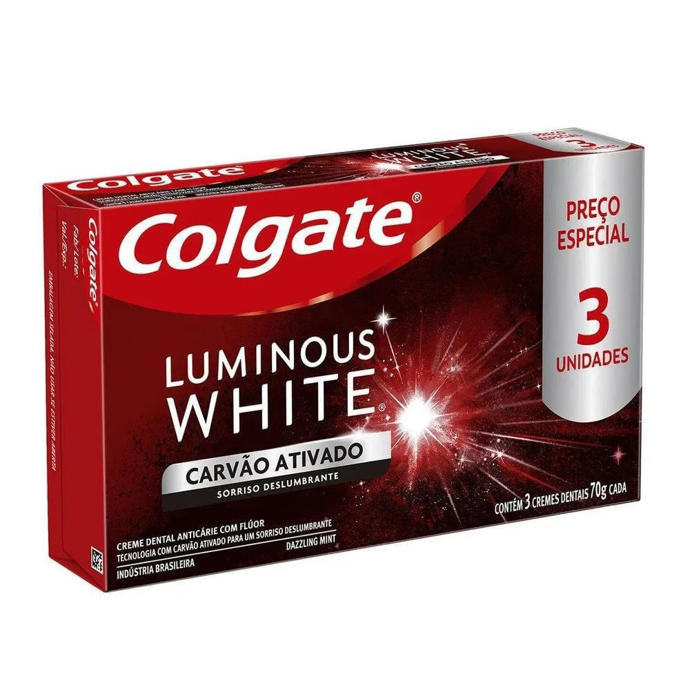 Kit 3 Pastas de Dente Colgate Carvão Ativado Luminous White 70g em Oferta na Shopee