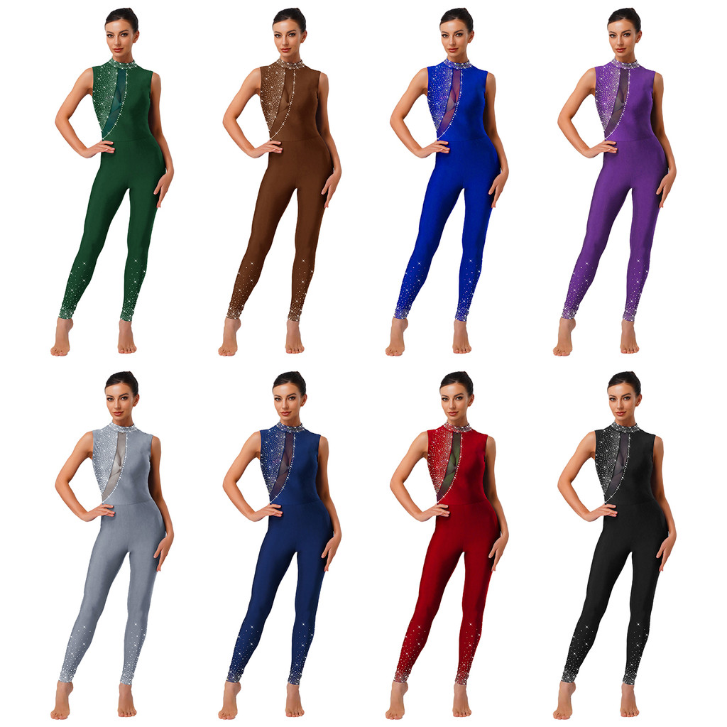 inhzoy Macacão Feminino De Ginástica Com Strass Brilhantes , Sem Mangas , Costas Vazadas , Bodycon , Unitard , Para Comp