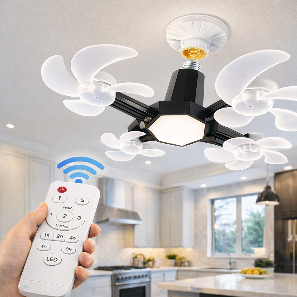 Ventilador Drone de Teto Bivolt Dobrável Lâmpada LED 60W Com Controle Remoto - Entrada E27 Com 4 Hélice