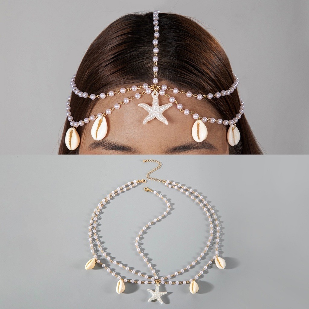 Corrente de Cabeça Feminina com Pérolas, Conchas e Estrela do Mar Banhado a Ouro / Prata | Head Chain Praia Verão em Oferta na Shopee