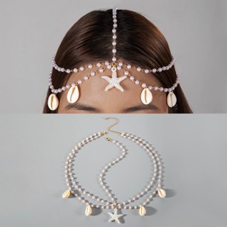 Corrente de Cabeça Feminina com Pérolas, Conchas e Estrela do Mar Banhado a Ouro / Prata | Head Chain Praia Verão em Oferta na Shopee