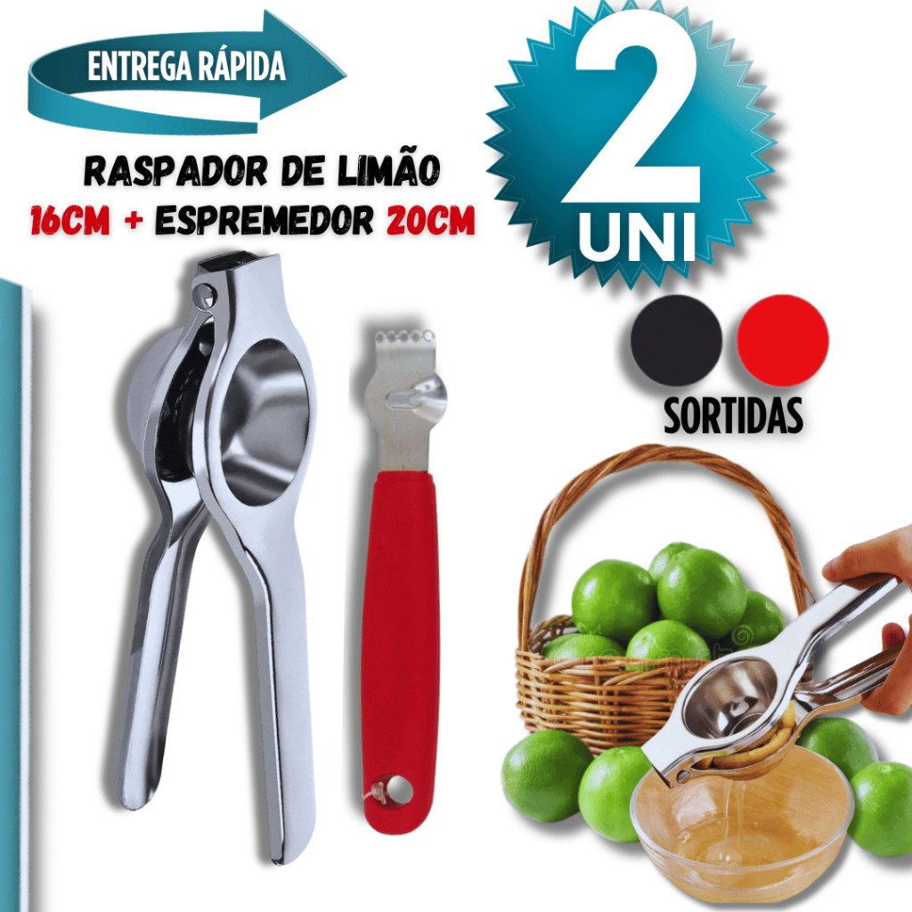 Conjunto 02 Unidades - Espremedor de Limão Inox Utilidades + Raspador de Limão Multiuso Premium  Casa Cozinha Bebidas