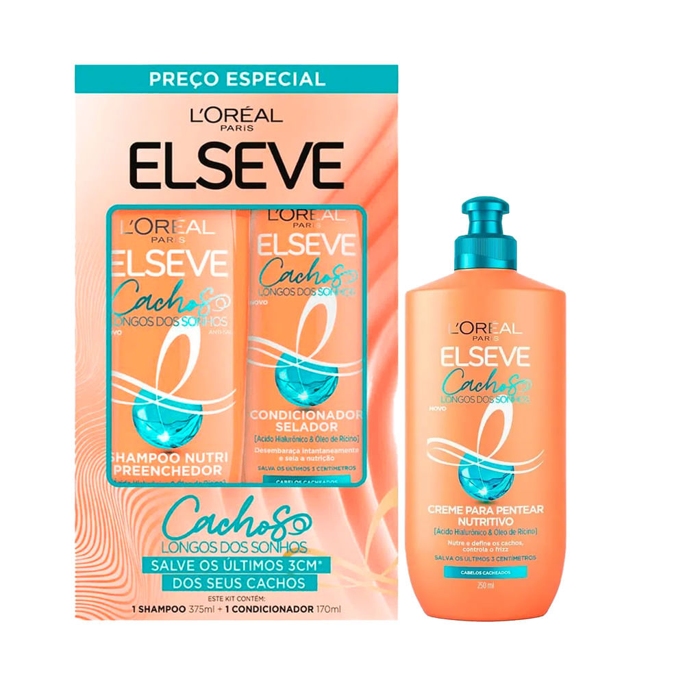 Kit Elseve Shampoo 375ml + Condicionador 170ml + Creme De Pentear Cachos Longos Dos Sonhos 250ml