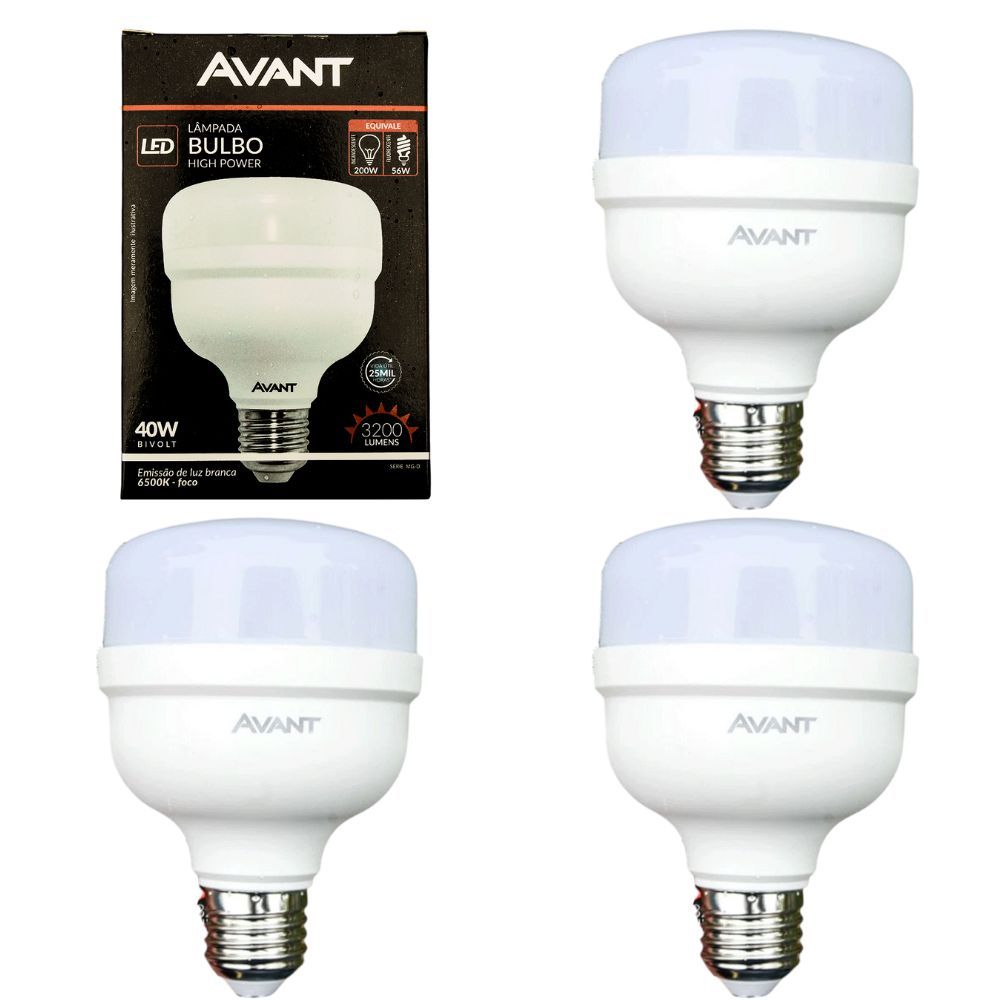 Kit 3 Lâmpada LED Bulbo High Power Avant 40W Bivolt 6500K Branco Frio 3200lm E27 Alta Potência