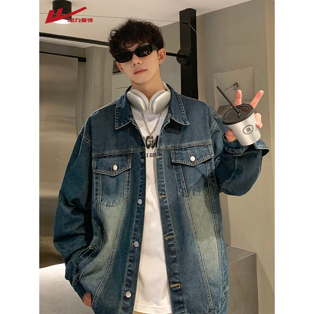 Puxar para trás americano Retro Denim jaqueta masculina outono inverno 2026 novo estilo meninos solto Casual rua Wear fe