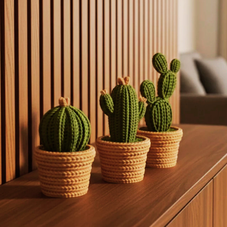 Mais Barato Kit 3 Cactos em Vaso decoração Efeito Tricô Top | Decoração para Sala Minimalista Escritório o