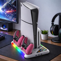 Suporte Vertical PS5 Slim Pro com Cooler RGB e Carregador Controle SUP-3557D