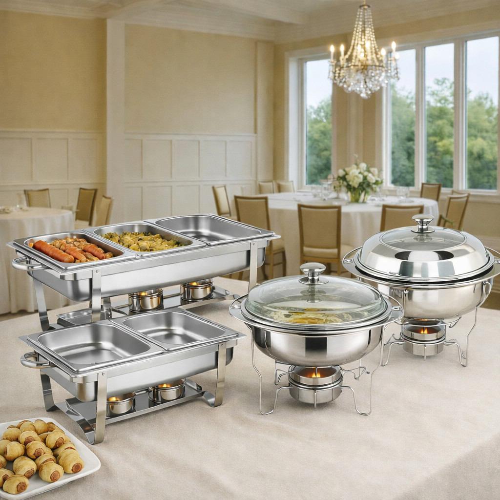 Rechaud Profissional Retangular Inox 12L 2 ou 3 Divisórias ou Circulares 4,5 e 5,5L Buffet Festas Eventos em Oferta na Shopee