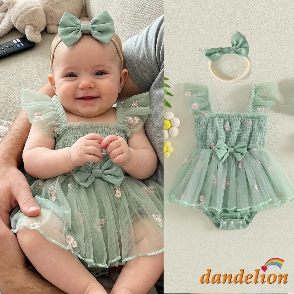 Roupa De Verão Para Bebês Meninas Com Bordado Floral Sem Mangas Vestido De Tule Laço E Faixa Cabeça